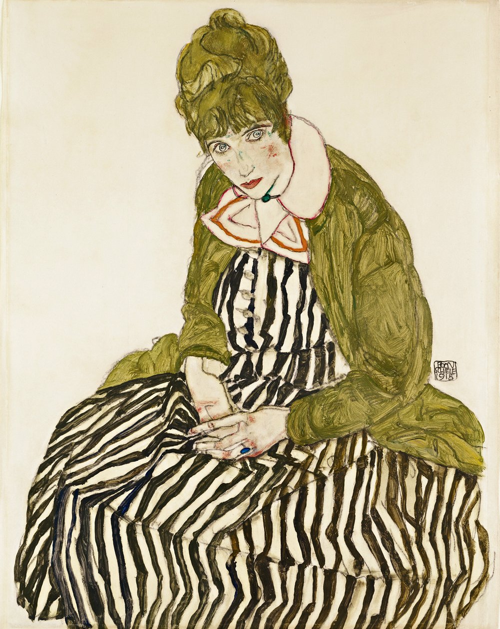 Edith Schiele in abito a righe, seduta da Egon Schiele