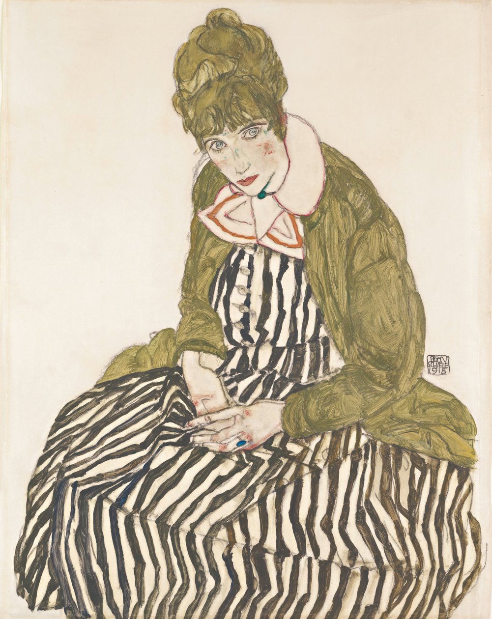 Edith con vestito a righe, seduta da Egon Schiele