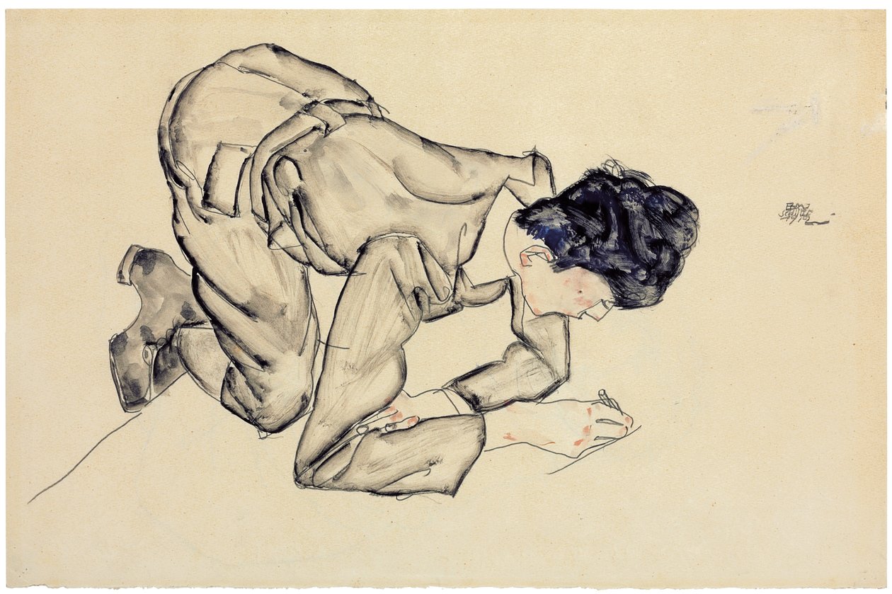 Erich Lederer che disegna sul pavimento da Egon Schiele