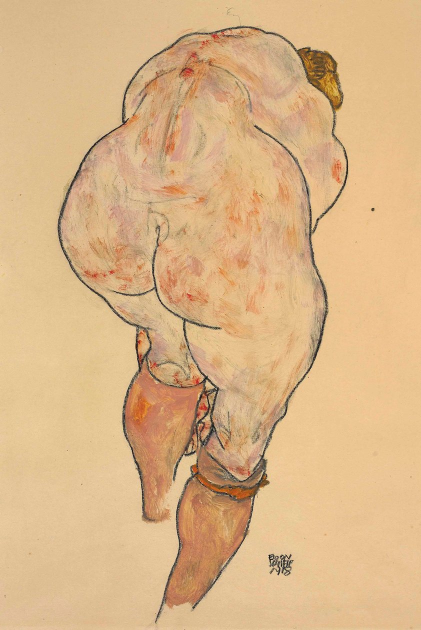 Nudo Femminile che Si Tira su le Calze, Vista da Dietro, 1918 da Egon Schiele