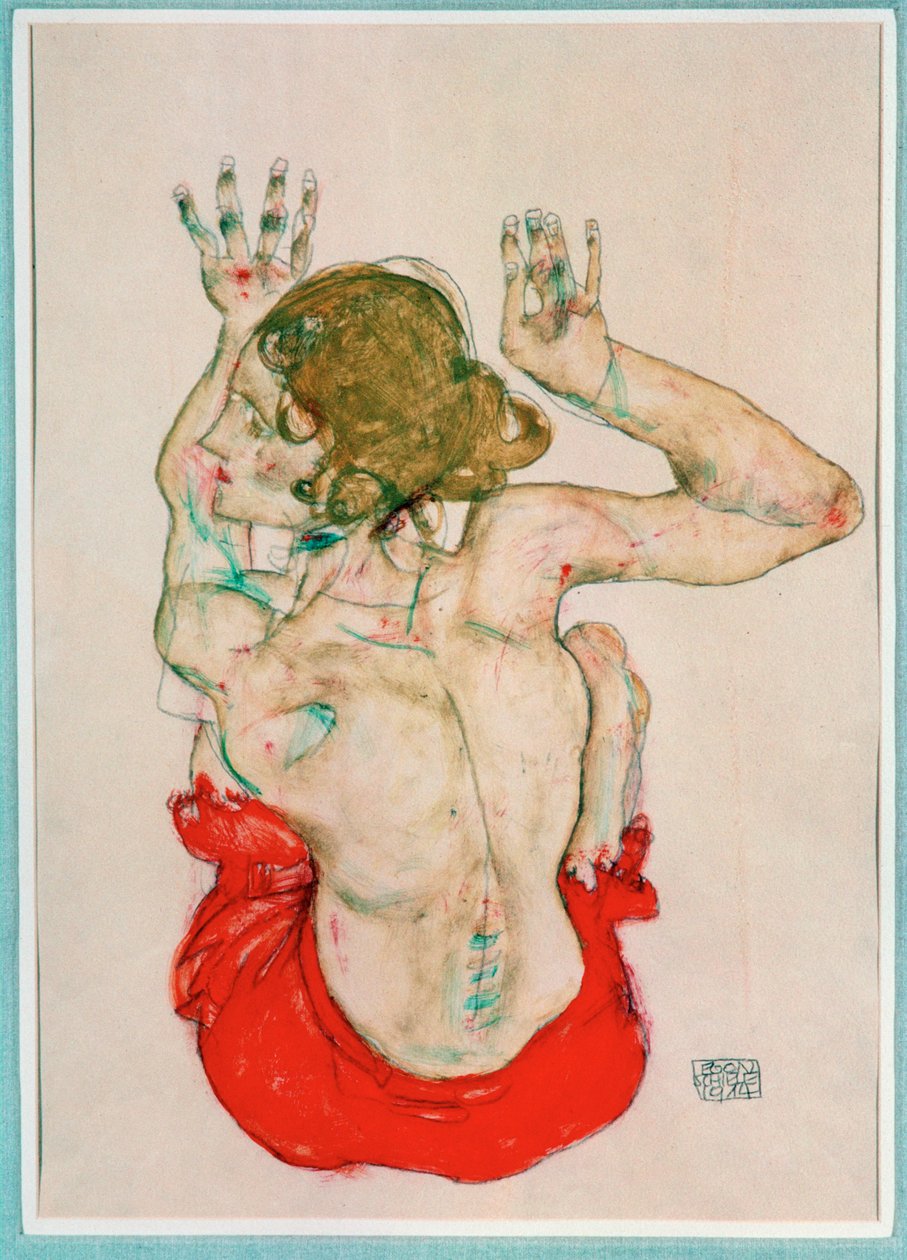 Nudo femminile seduto su un drappo rosso, vista di schiena (gouache, acquerello e matita) da Egon Schiele