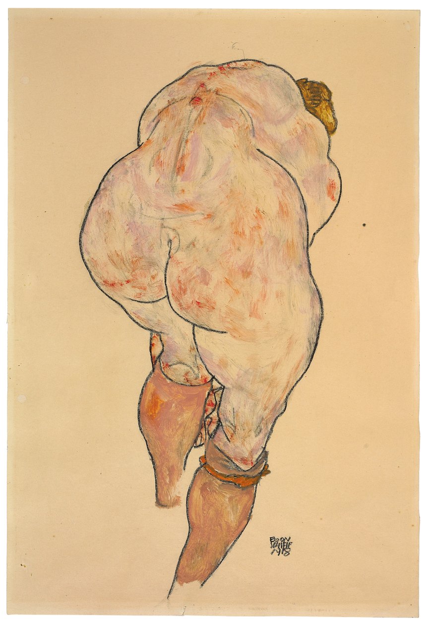 Nudo femminile che si tira su le calze, vista posteriore, 1918 da Egon Schiele