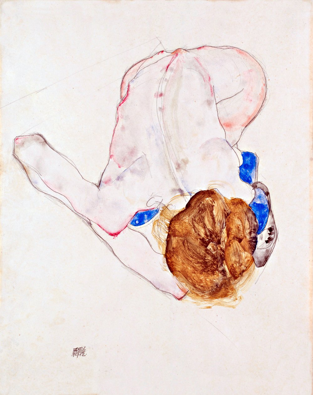 Donna nuda con calze blu, piegata in avanti da Egon Schiele