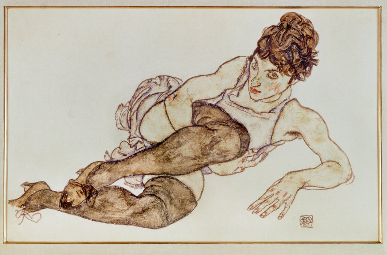 Donna con calze marroni - Donna ... (gouache e pastello nero) da Egon Schiele