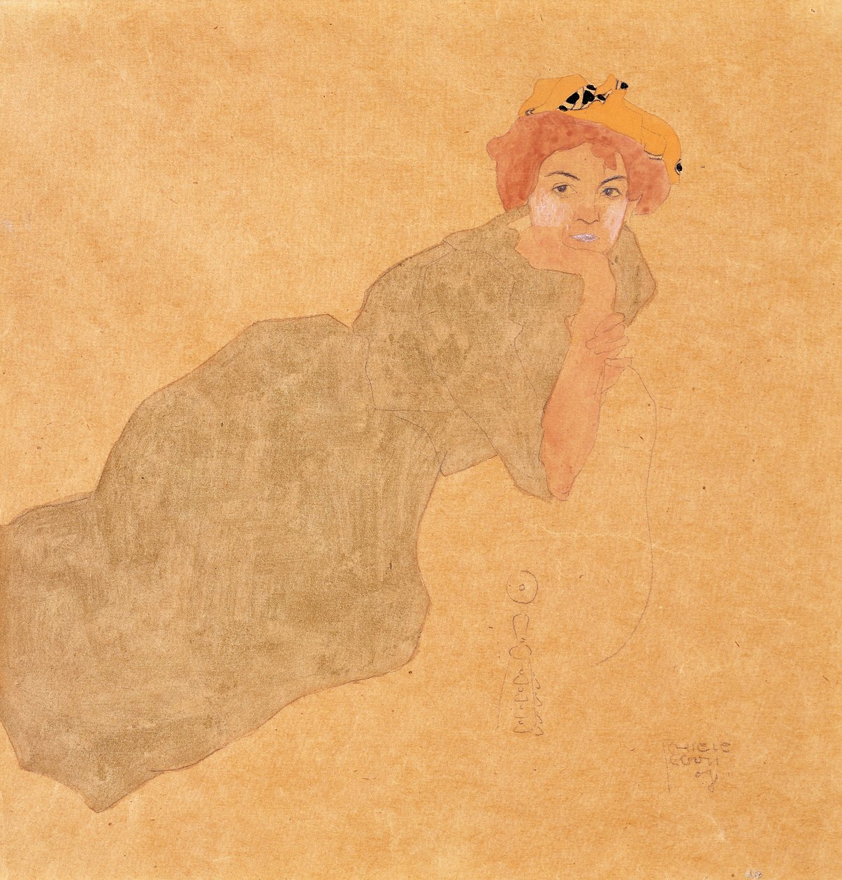 Ragazza in abito color oliva con braccio appoggiato, 1908 da Egon Schiele