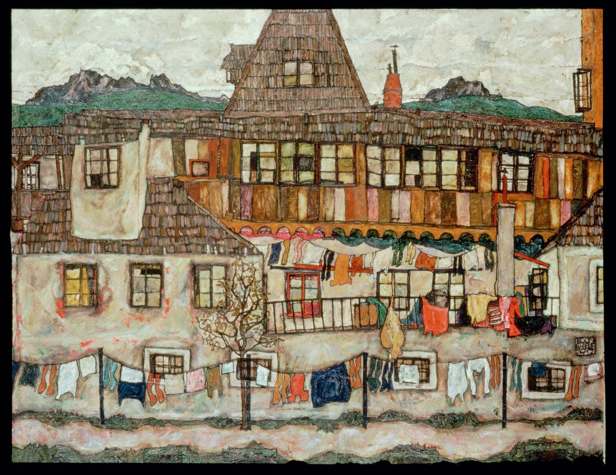 Casa con bucato in asciugatura (dipinto su tela) da Egon Schiele