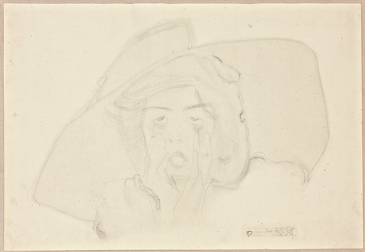 Testa di una giovane donna che urla con un grande cappello, mento sostenuto dalle mani da Egon Schiele