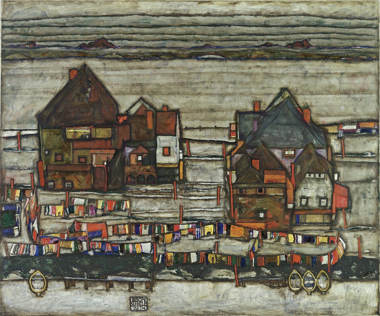 Case con fili per il bucato, 1914 da Egon Schiele