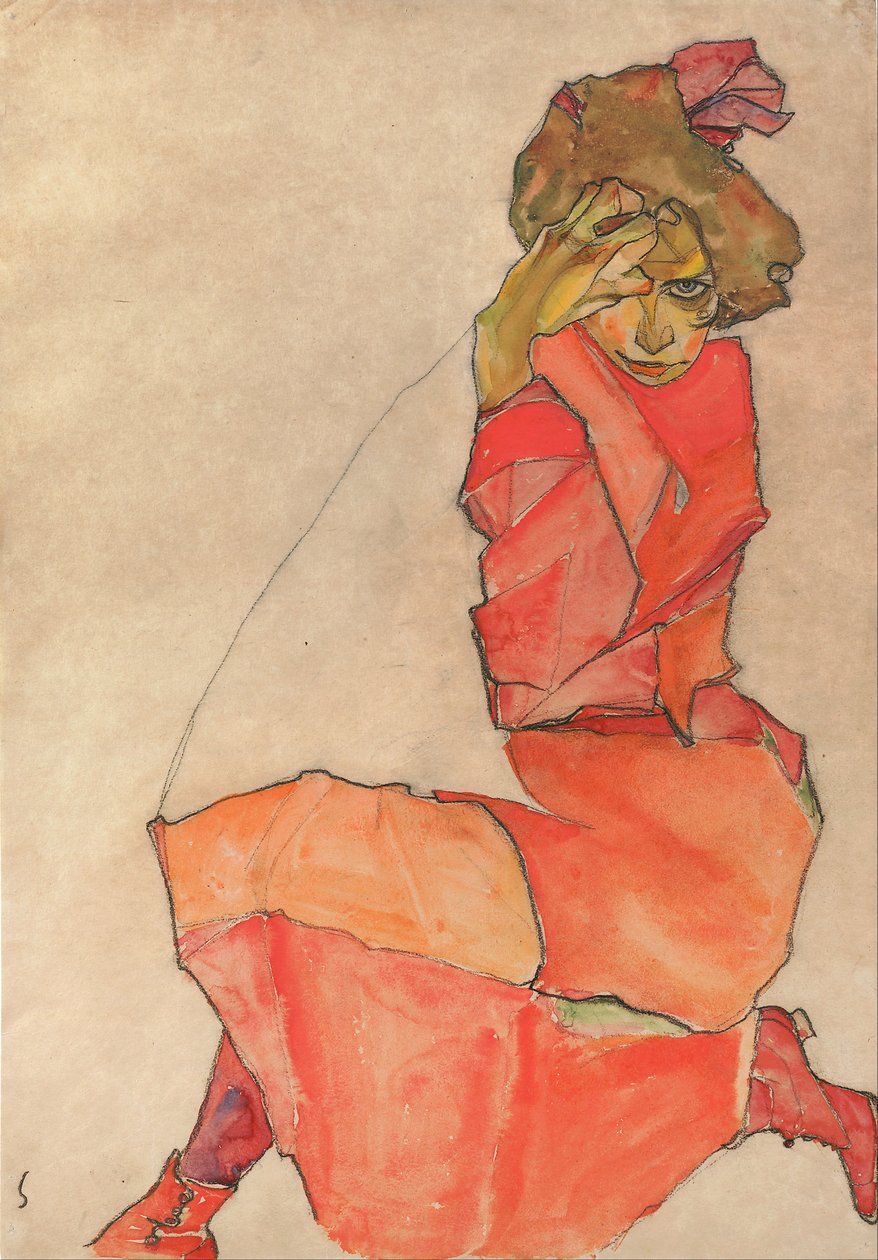 Donna inginocchiata in abito arancione-rosso da Egon Schiele
