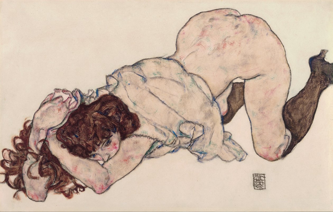 Ragazza inginocchiata, appoggiata su entrambi i gomiti da Egon Schiele