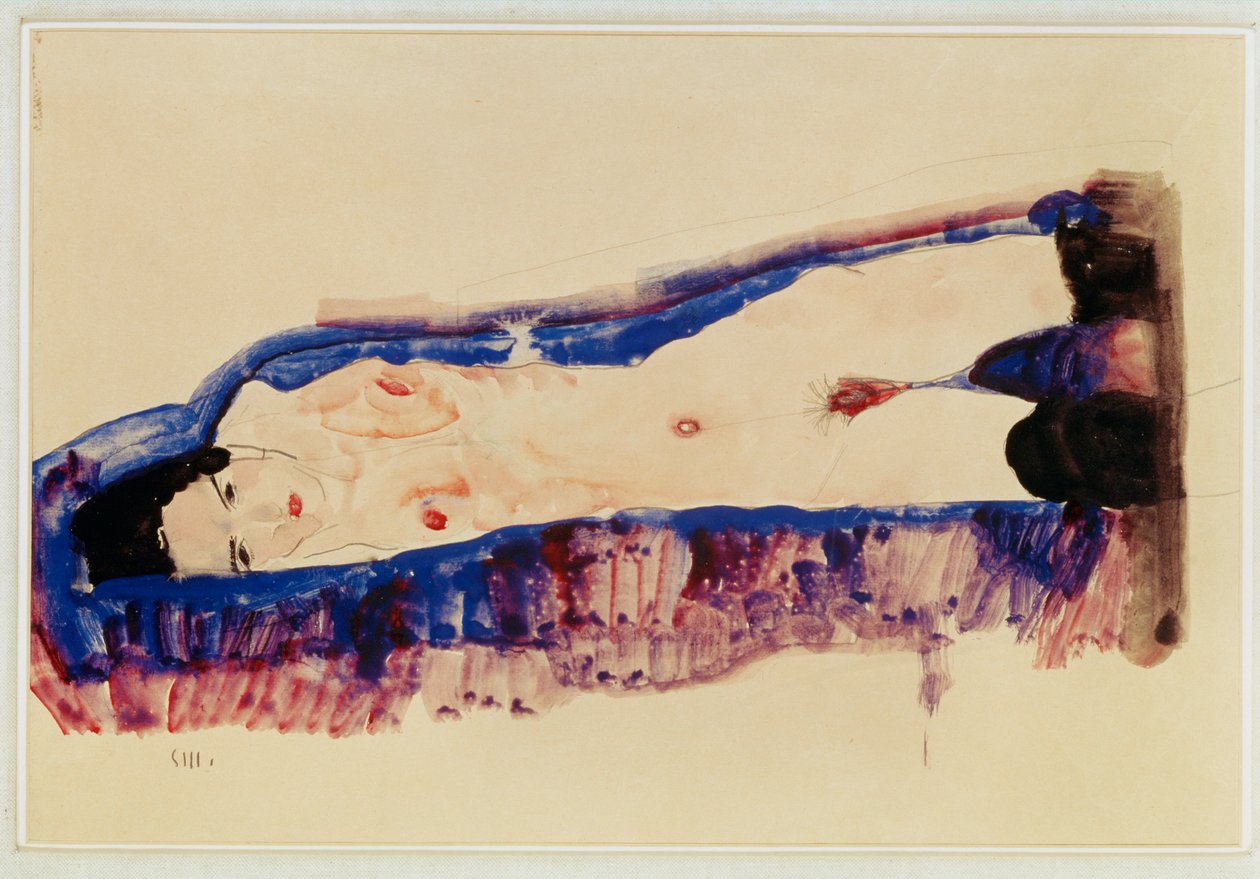 Nudo reclinato con calze nere ... (acquerello e matita) da Egon Schiele