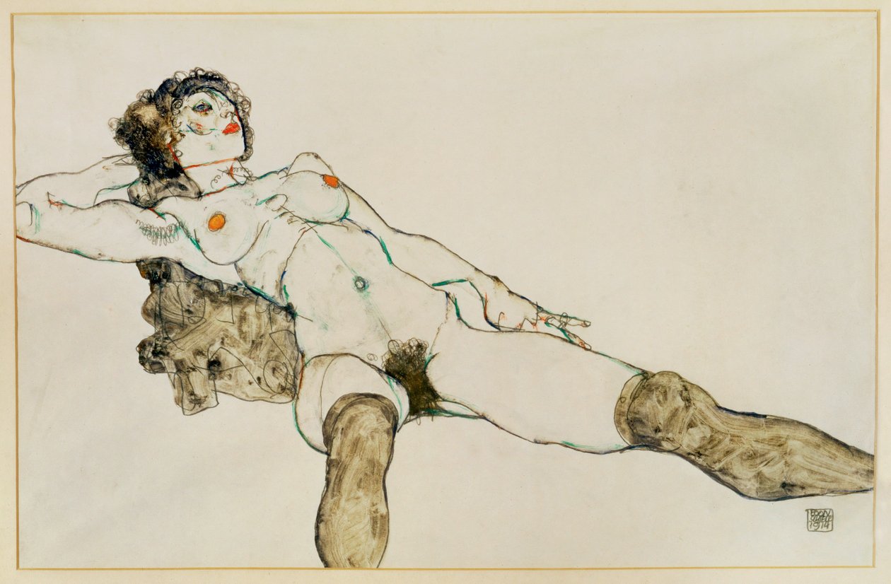 Nudo femminile reclinato a gambe aperte ... (guazzo e matita) da Egon Schiele