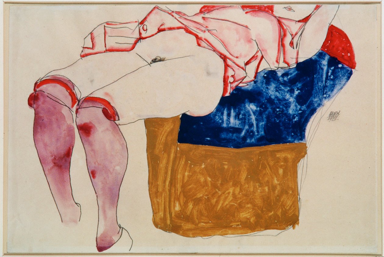 Ragazza sdraiata con calze viola [Reclining ... (gouache, acquerello e matita) da Egon Schiele
