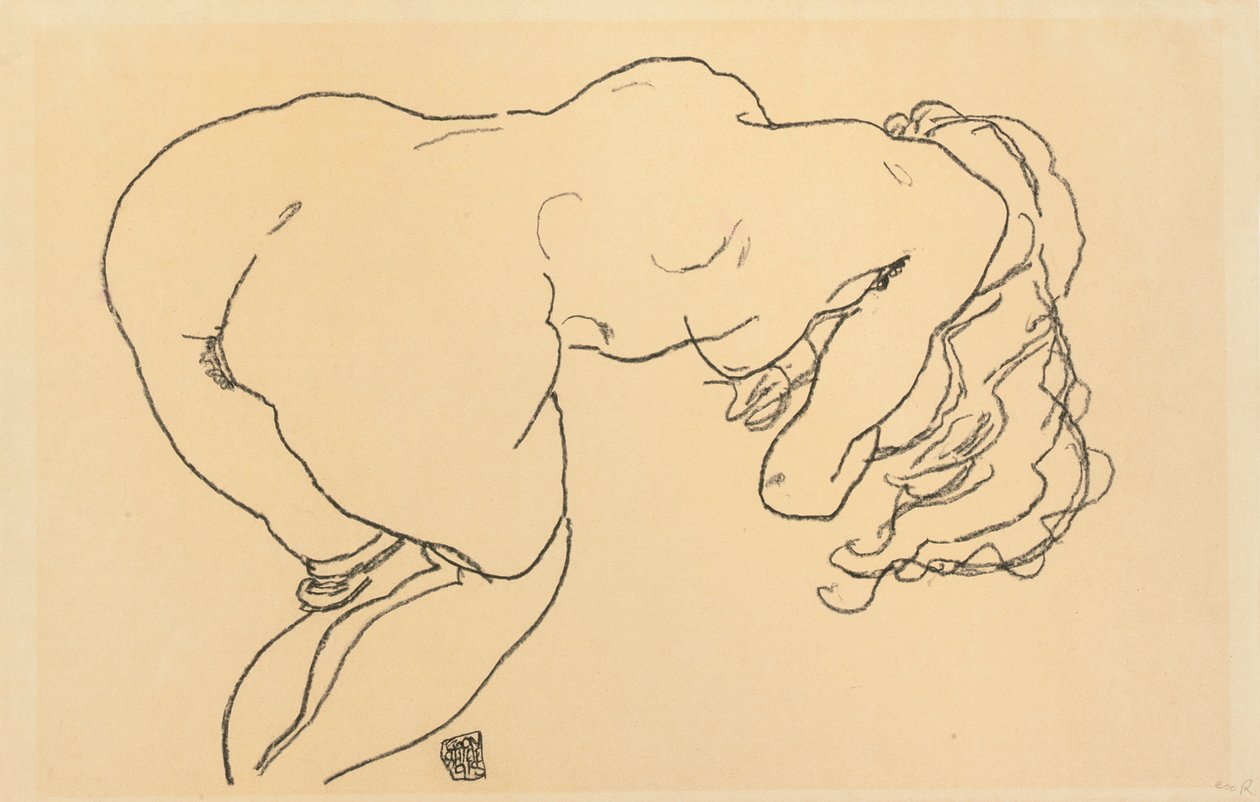 Nudo con capelli lunghi, inclinato in avanti, vista posteriore, 1918 da Egon Schiele