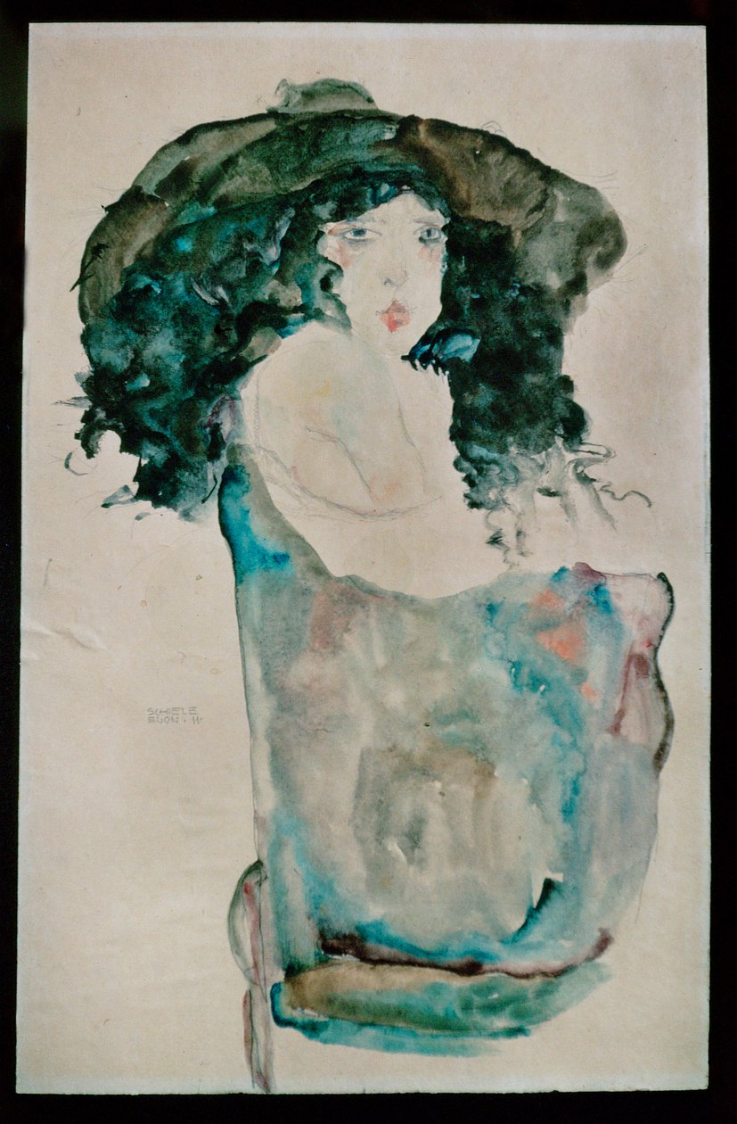 Ragazza con capelli e cappello blu-nero (guazzo, acquerello e matita) da Egon Schiele