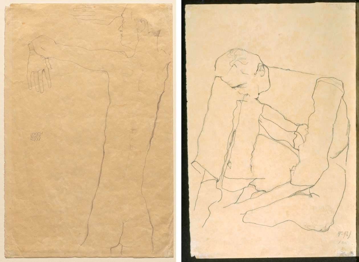 Uomo nudo con le braccia alzate (recto) Uomo seduto (verso) da Egon Schiele