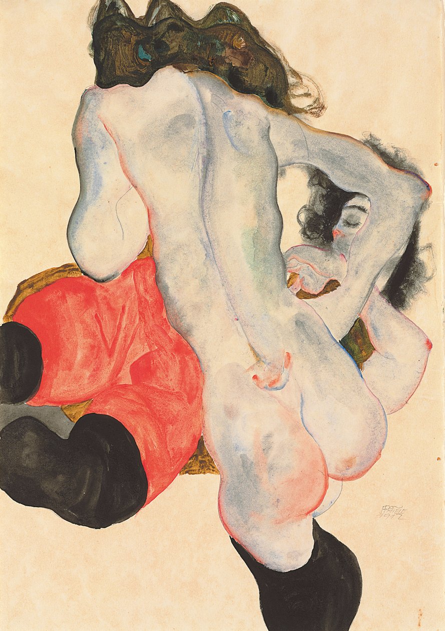 Donna sdraiata in pantaloni rossi e nudo femminile in piedi da Egon Schiele