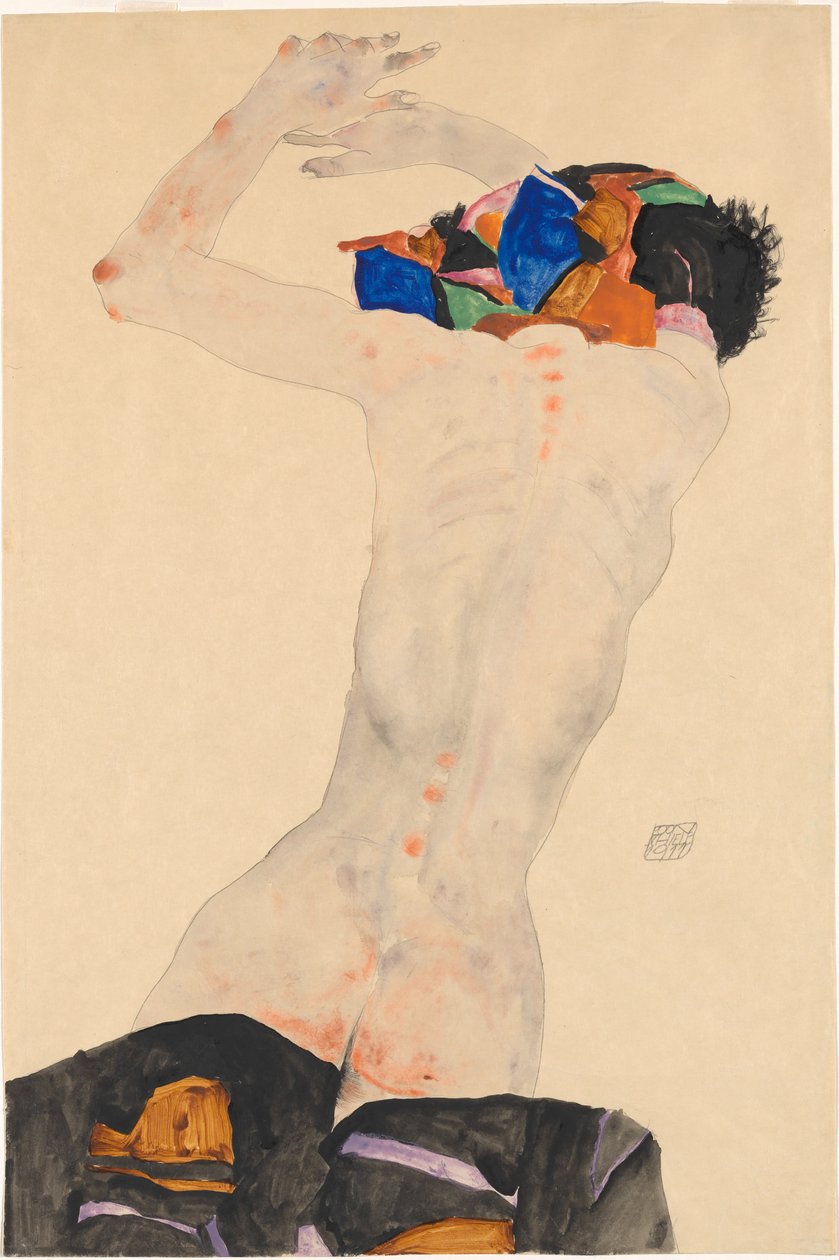 Nudo di schiena con un panno colorato, 1911 da Egon Schiele