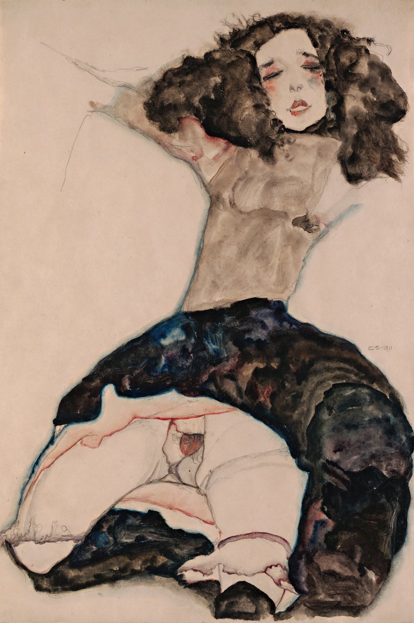 Ragazza dai capelli neri con la gonna sollevata da Egon Schiele