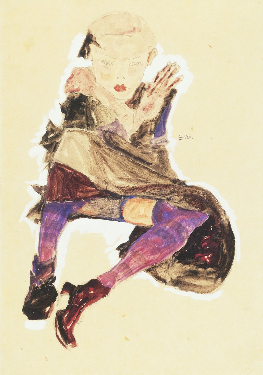 Ragazza seduta con calze a righe, 1910 da Egon Schiele
