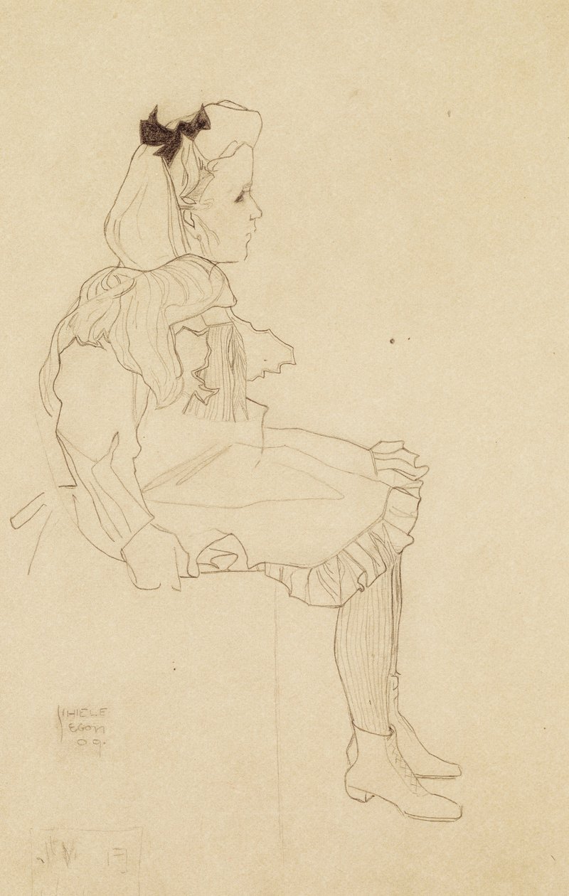 Ragazza seduta con un fiocco nei capelli, 1909 da Egon Schiele