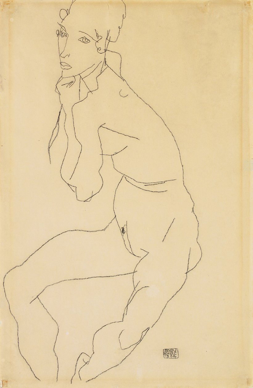 Nudo femminile seduto con mano sul mento da Egon Schiele