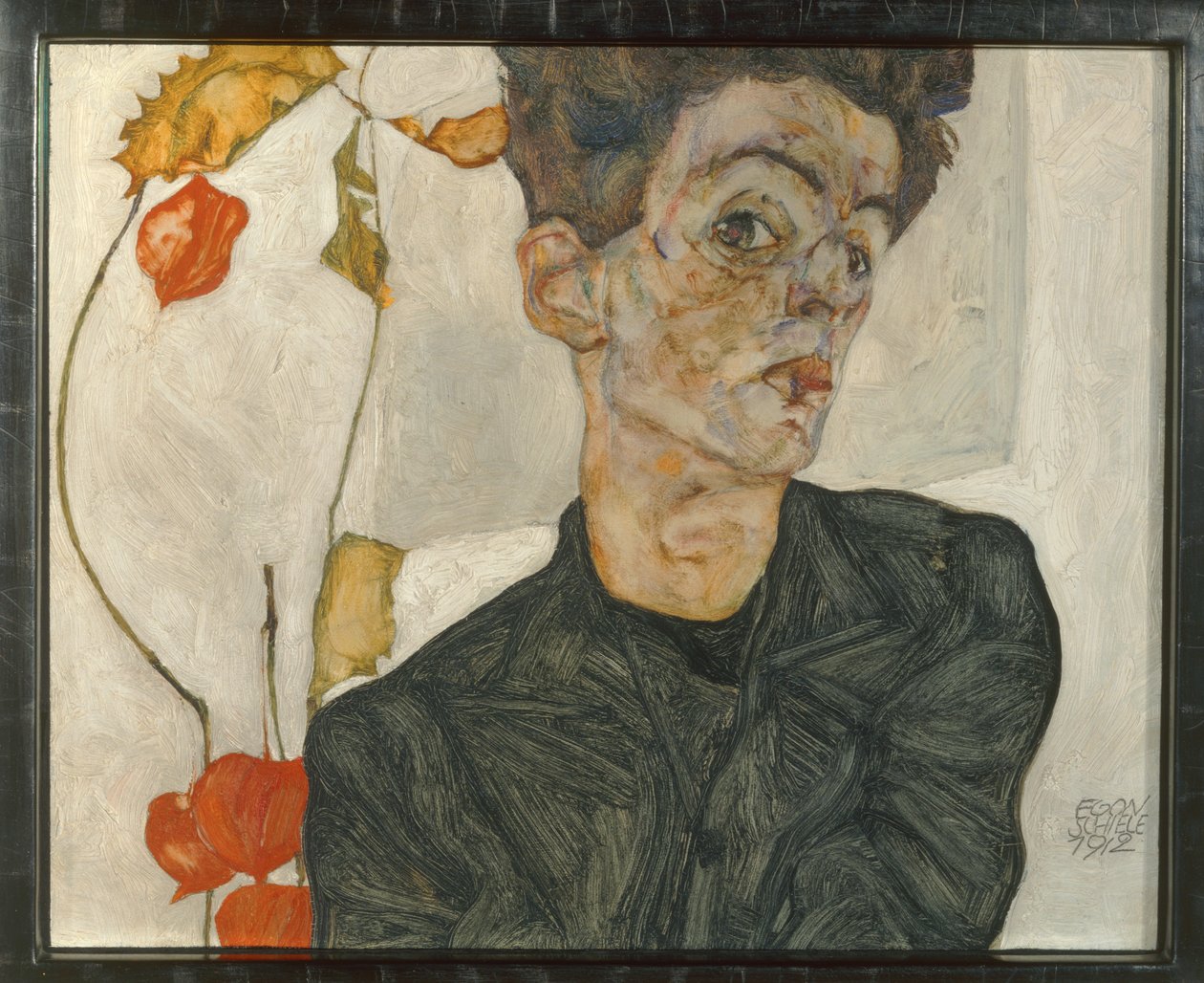 Autoritratto con frutti di lanterna ... (olio e acquerello su tela) da Egon Schiele
