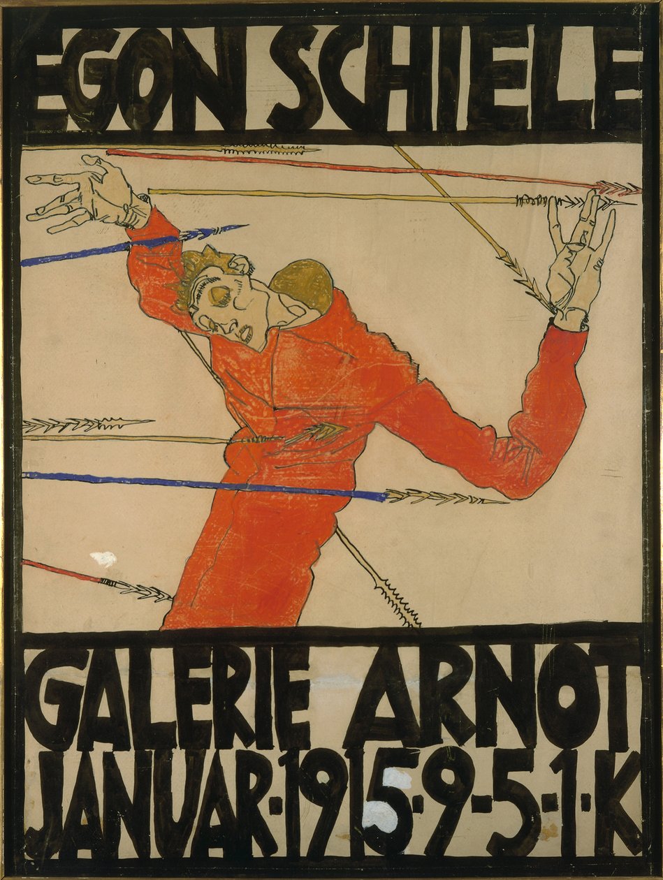 Autoritratto come San Sebastiano, design del poster per una mostra alla Galerie Arnot, 1914 da Egon Schiele