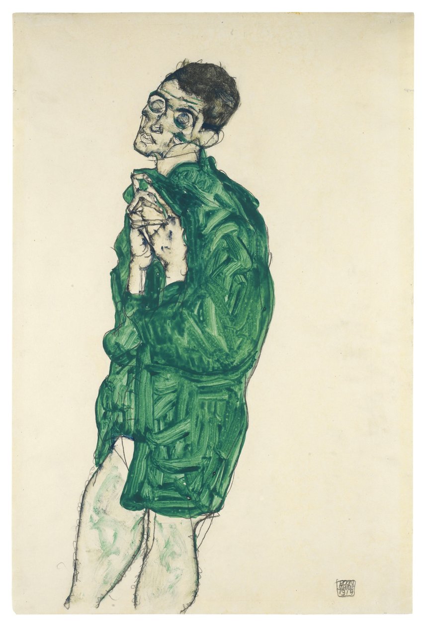 Autoritratto in camicia verde con occhi chiusi, 1914 da Egon Schiele