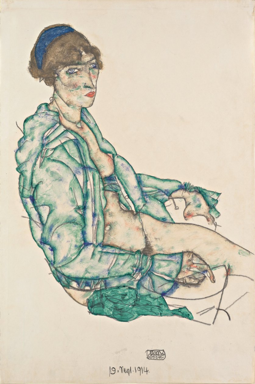 Nudo a mezzo busto seduto con fascia per capelli blu da Egon Schiele