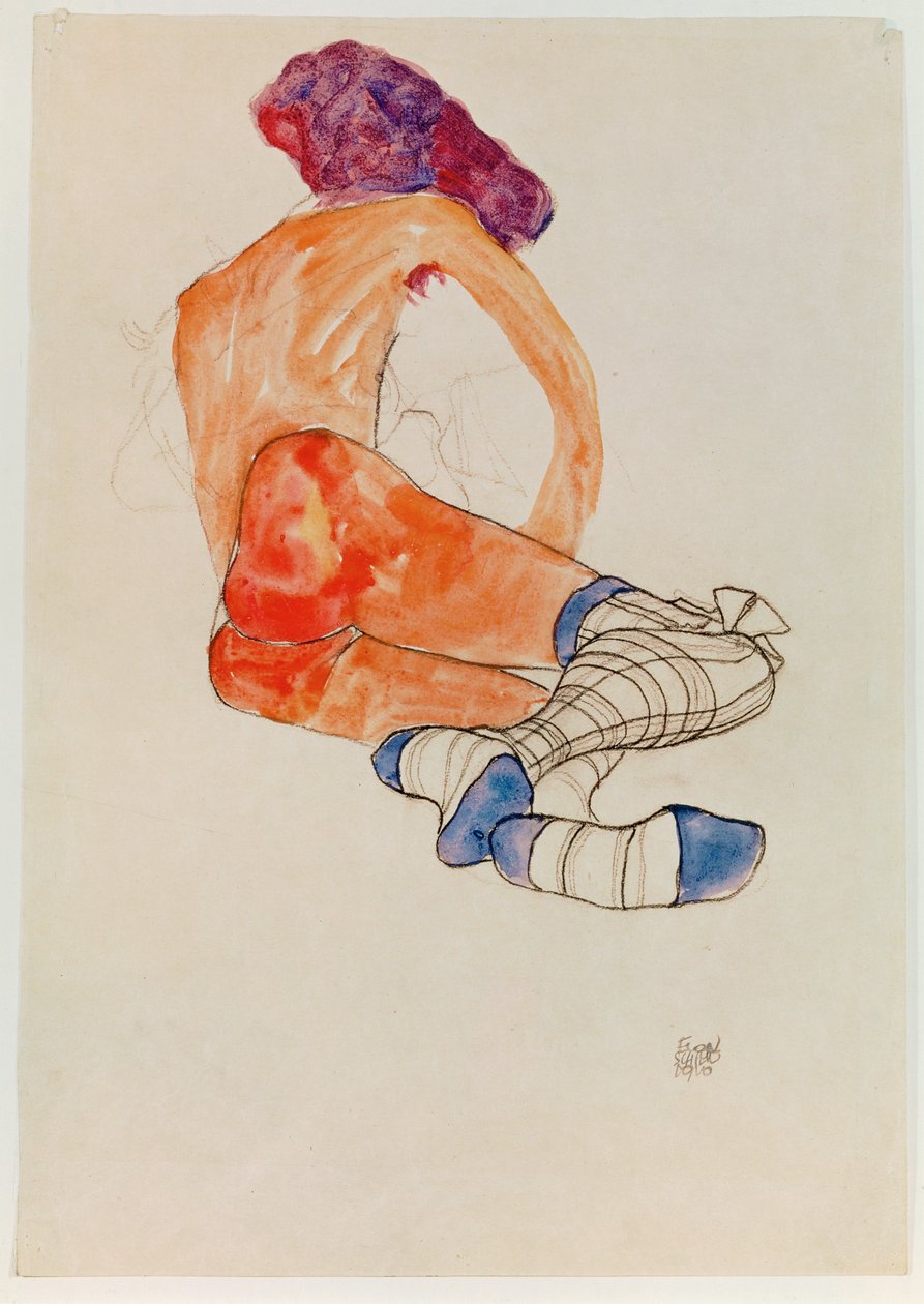 Nudo femminile seduto con giarrettiera blu, da ... (guazzo, acquerello e carboncino) da Egon Schiele