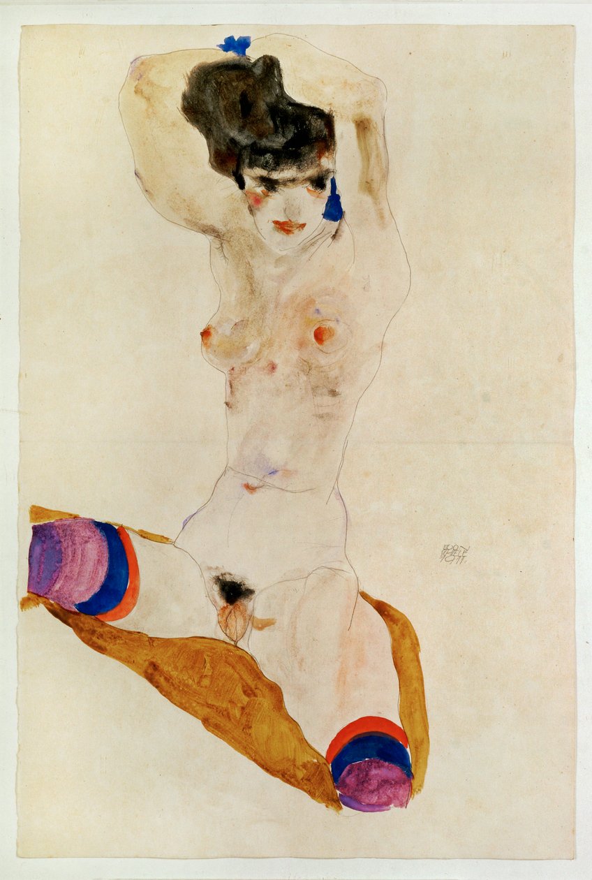 Ragazza nuda seduta con sopra la testa... (acquerello e matita) da Egon Schiele