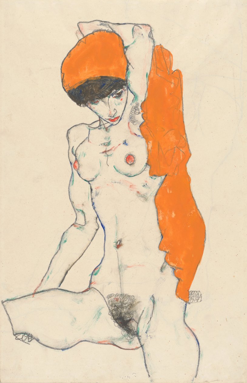 Nudo in piedi con drappo arancione da Egon Schiele
