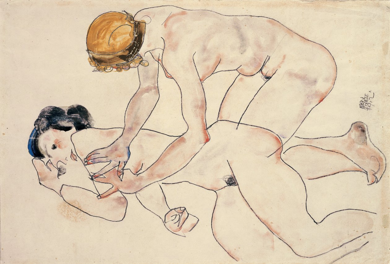 Due nudi femminili, sdraiati e inginocchiati da Egon Schiele