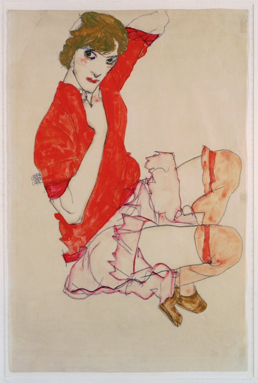 Wally in roter Bluse mit erhobenen Knien (gouache, acquerello e matita) da Egon Schiele