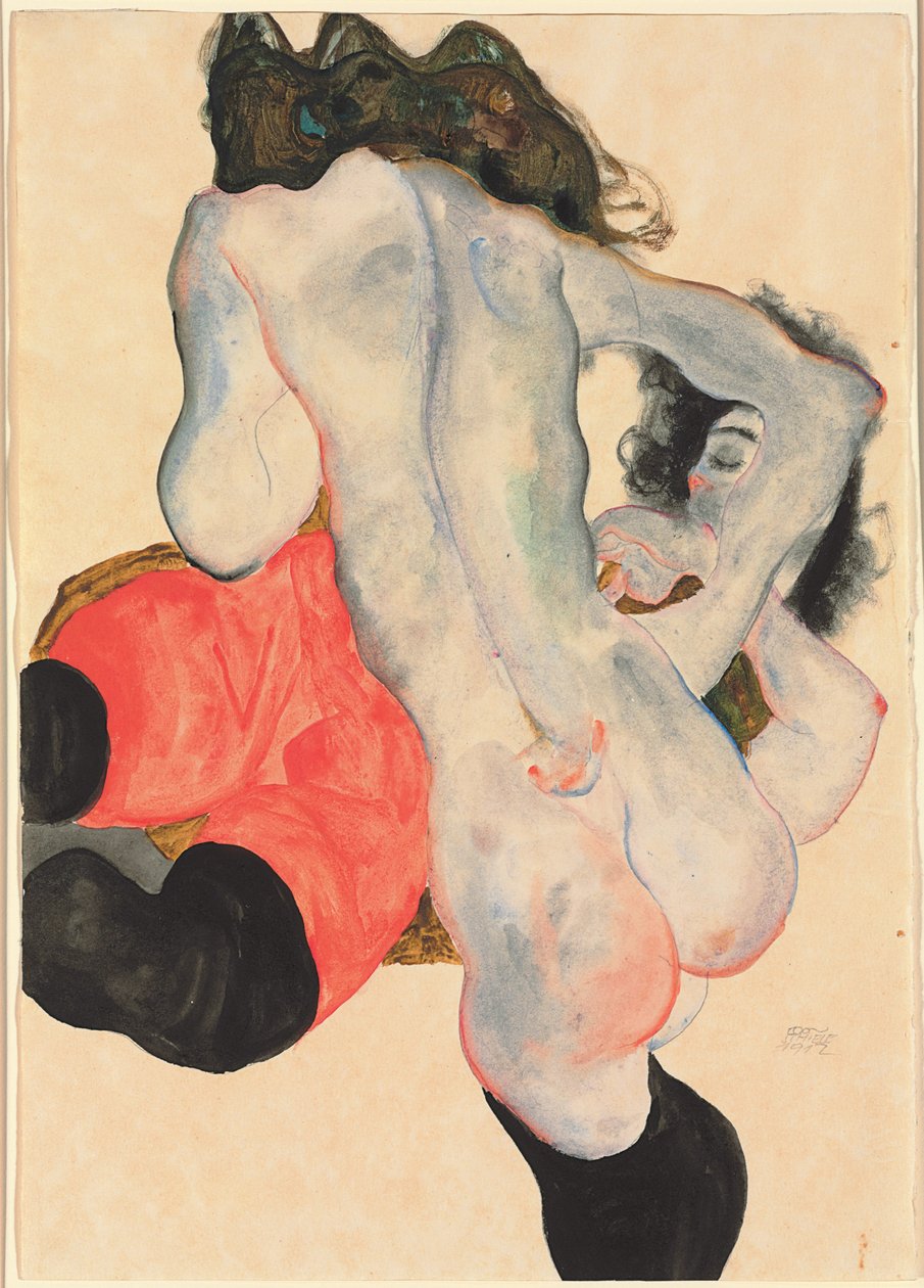 Donna con pantaloni rossi e nudo femminile in piedi da Egon Schiele