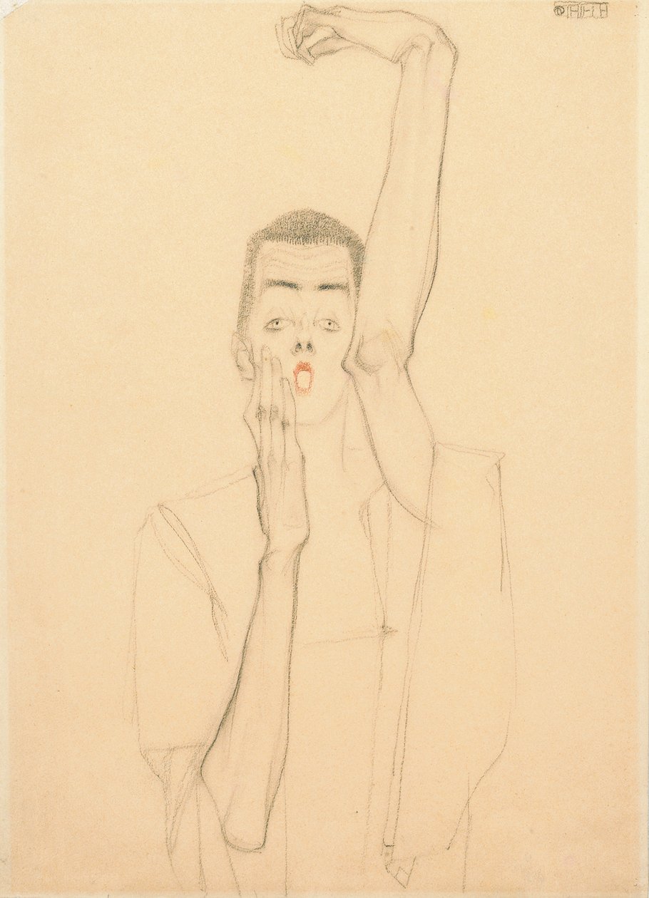 Giovane uomo con braccio alzato e bocca rossa; Selbstbildnis mit erhobenem linken Arm und rotem Mund, 1909 da Egon Schiele