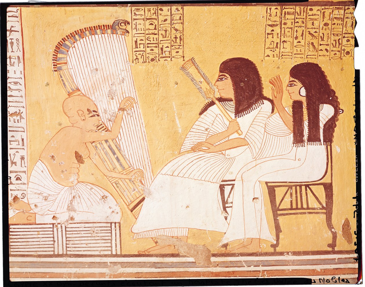 Il defunto e sua moglie che ascoltano un arpista cieco, dalla Tomba di Ankerkhe, Tombe degli Operai, Nuovo Regno (pittura murale) da Egyptian 20th Dynasty