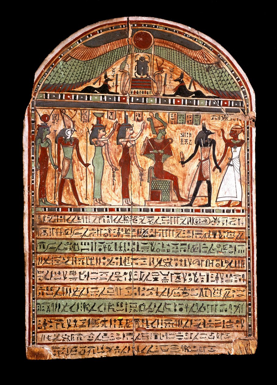 Antichità egiziane: stele funeraria di un sommo sacerdote: Osiride accoglie il defunto presente in Anubi, dietro di lui le divinità Iside, Nefti, Horus, Hathor. III-II secolo a.C. Torino, Museo Egizio da Egyptian