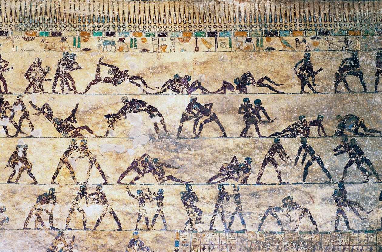 Scene di lotta, pittura murale, tomba di Kethi, Necropoli di Beni Hasan, Egitto, civiltà egizia, Medio Regno, XII dinastia da Egyptian 12th Dynasty