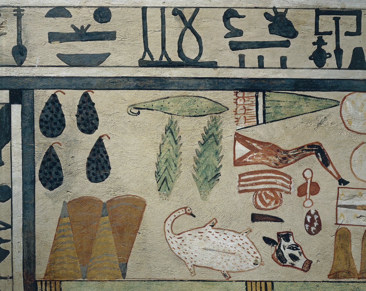 Dettaglio del pannello che rappresenta varie offerte di cibo, dal Sarcofago di Irinimenpu da Egyptian 12th Dynasty