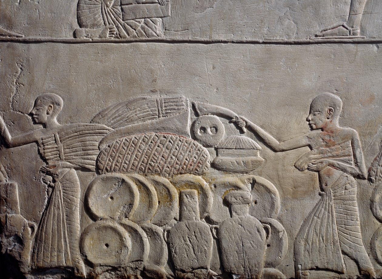 Disposizione del cibo nei magazzini, rilievo in pietra calcarea, dalla Tomba Memphite di Horemheb a Saqqara, Civiltà Egizia, Nuovo Regno, Dinastia XVIII da Egyptian 18th Dynasty