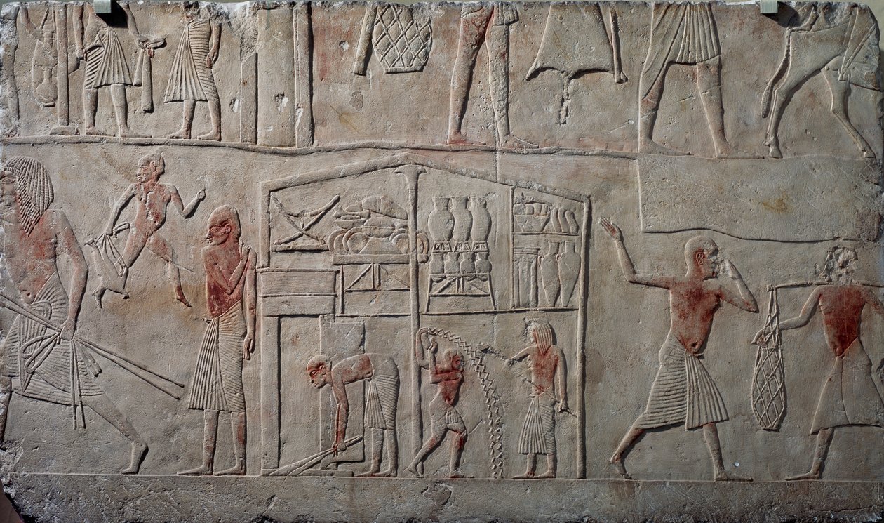 Disposizione del cibo nei magazzini, rilievo in calcare, dalla tomba memphita di Horemheb a Saqqara, Civiltà Egizia, Nuovo Regno, Dinastia XVIII da Egyptian 18th Dynasty