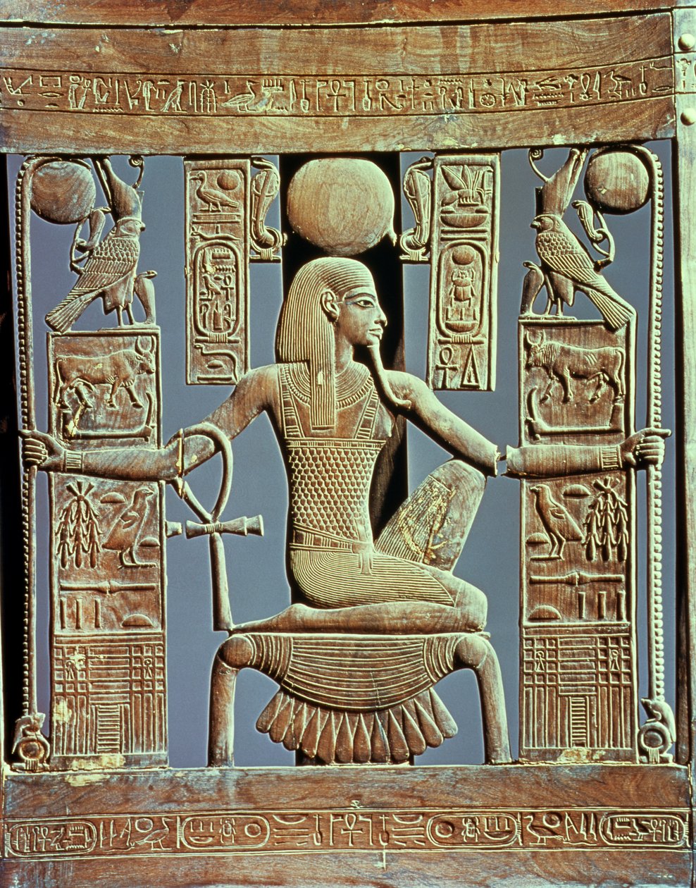 Schienale di una sedia dalla tomba di Tutankhamon (c.1370-52 a.C.) raffigurante lo spirito di milioni di anni, Nuovo Regno da Egyptian 18th Dynasty