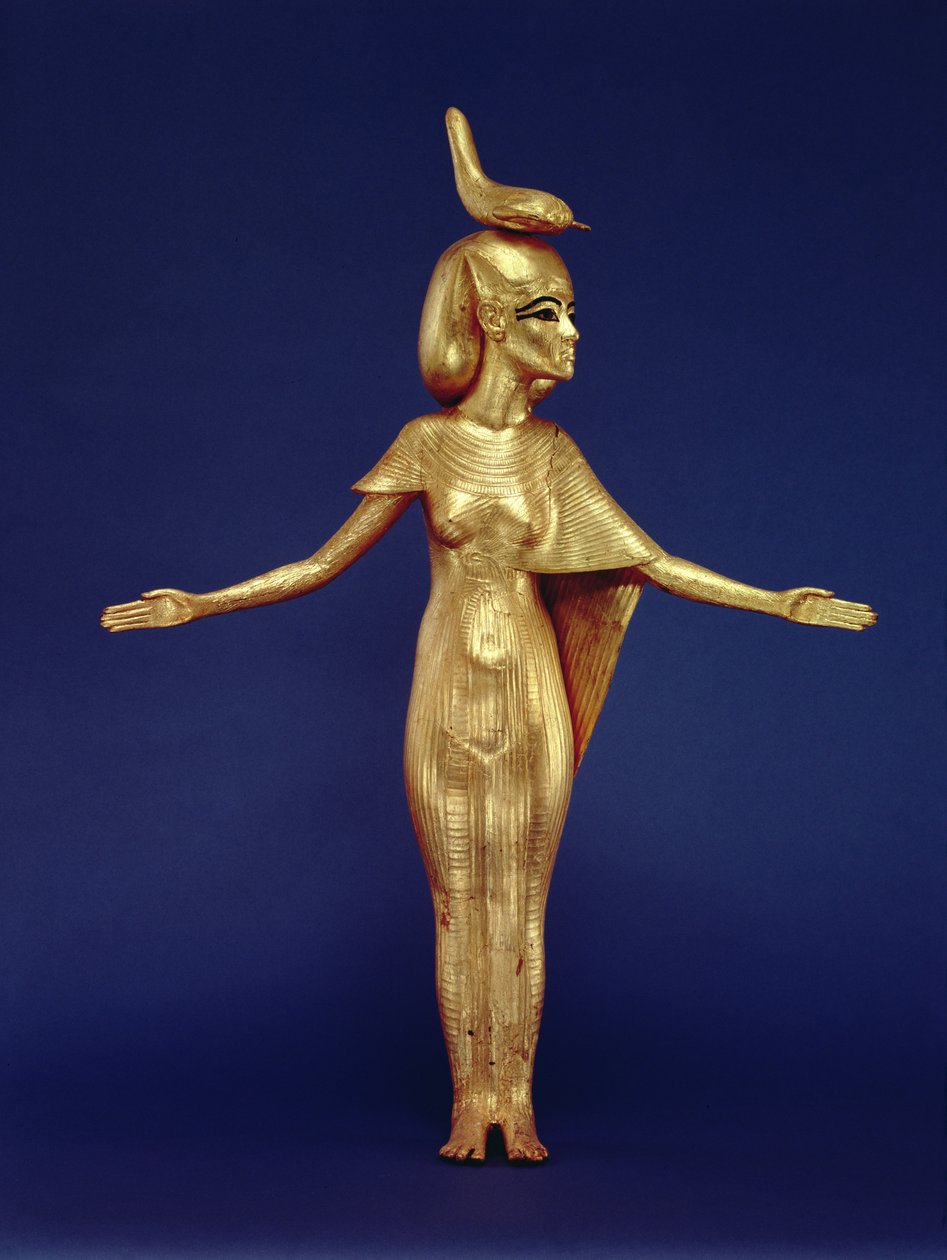 (dettaglio) della dea Selket dal santuario canopico, dalla Tomba di Tutankhamon (c.1370-1352 a.C.) Nuovo Regno (legno dorato) da Egyptian 18th Dynasty