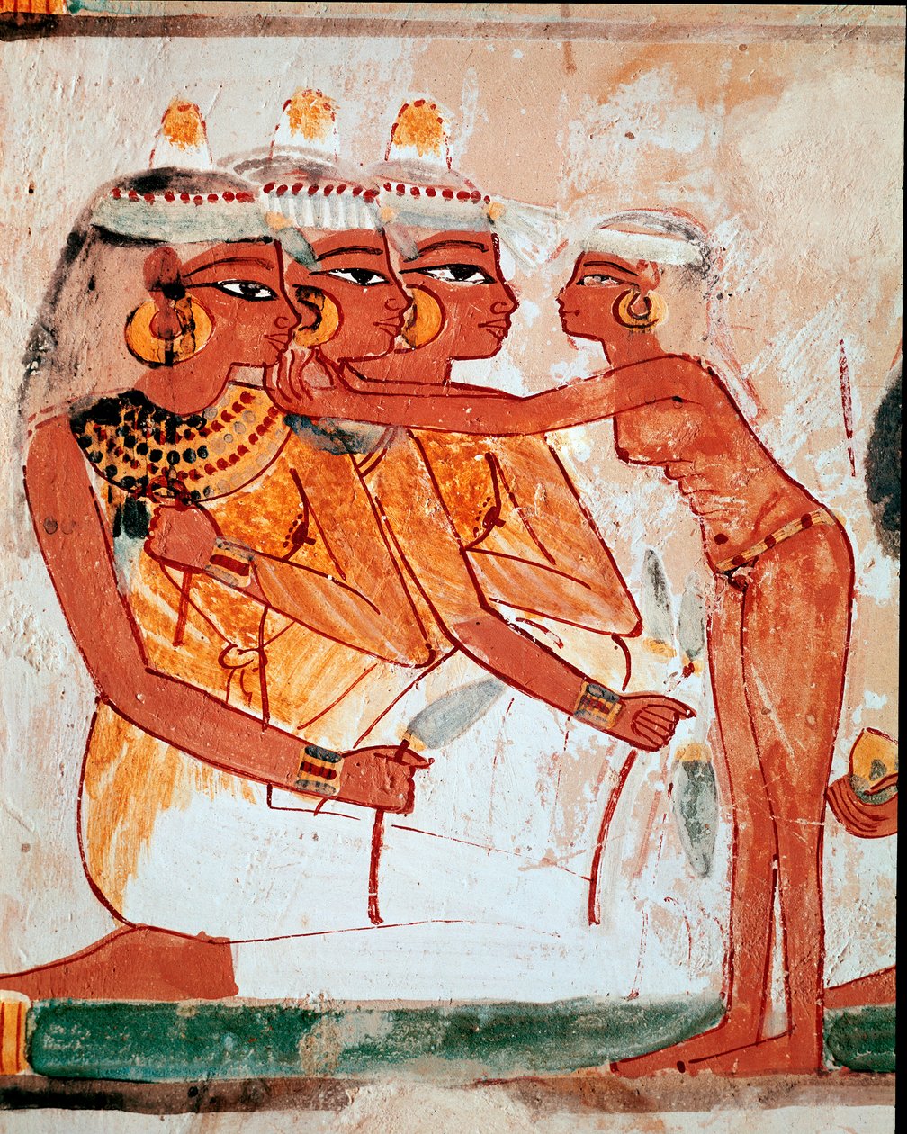 Arte egizia: tomba di Nakht. Toilette: ancella che aiuta tre donne con fiori di loto a indossare gioielli prima del banchetto funebre. Affresco di Luxor da Egyptian 18th Dynasty