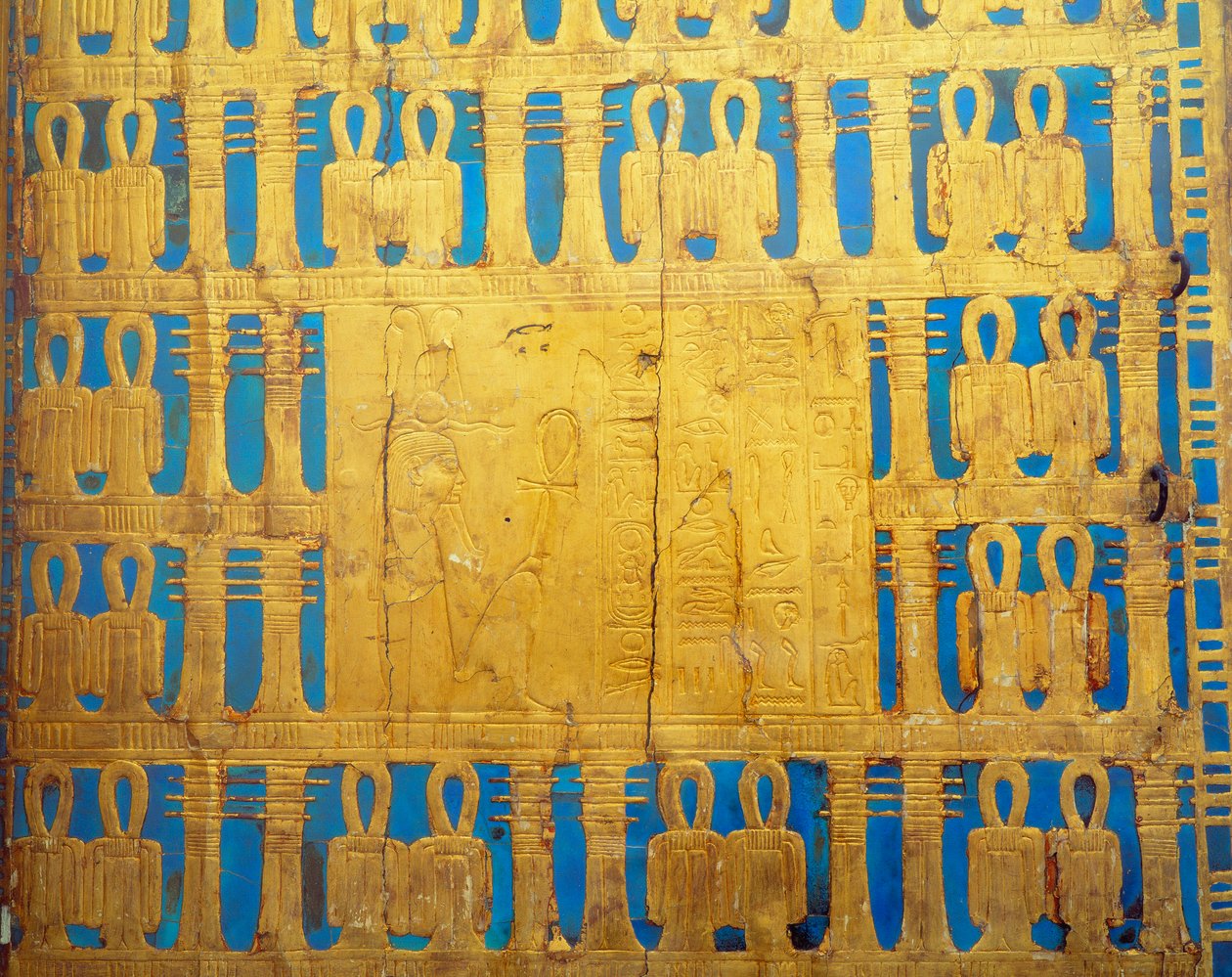 Antichità egizia: dettagli della cassa del baldacchino. Tesoro di Tutankhamon da Egyptian 18th Dynasty