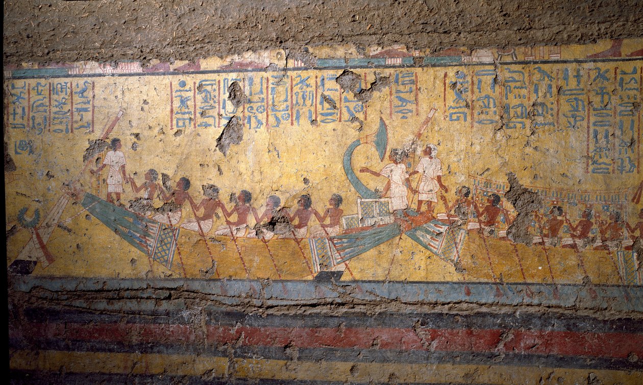 Antichità egiziana: affresco della tomba del pittore Maia, pellegrinaggio in barca ad Abido, citazione di Osiride. XVIII dinastia. Dalla Cappella di Maia, Deir el-Medineh, Nuovo Impero da Egyptian 18th Dynasty