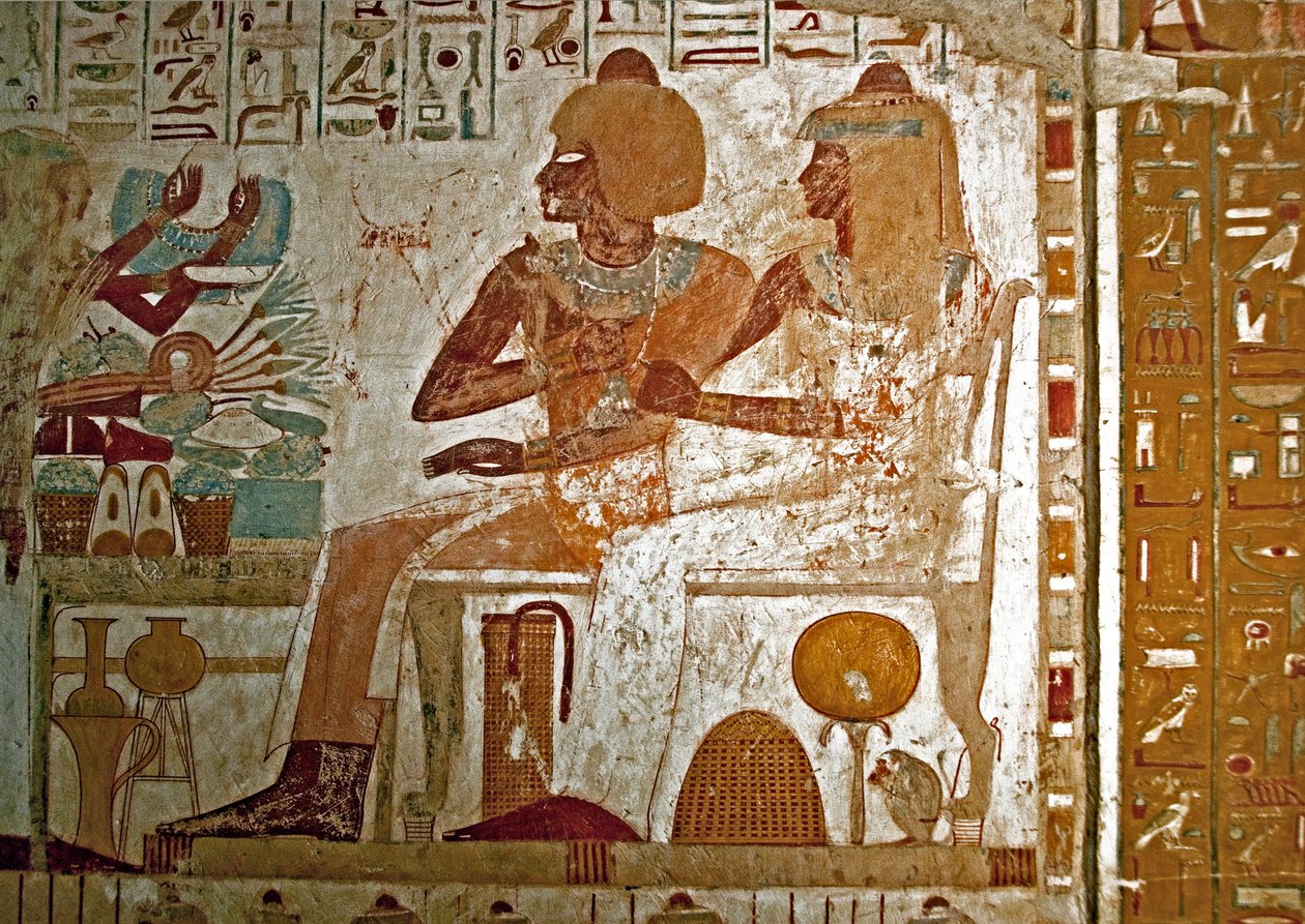 Dipinto decorativo della tomba di Userhat (Ursehat) con sua moglie Mutneferet (Moutneferet) che ricevono offerte da Egyptian 18th Dynasty