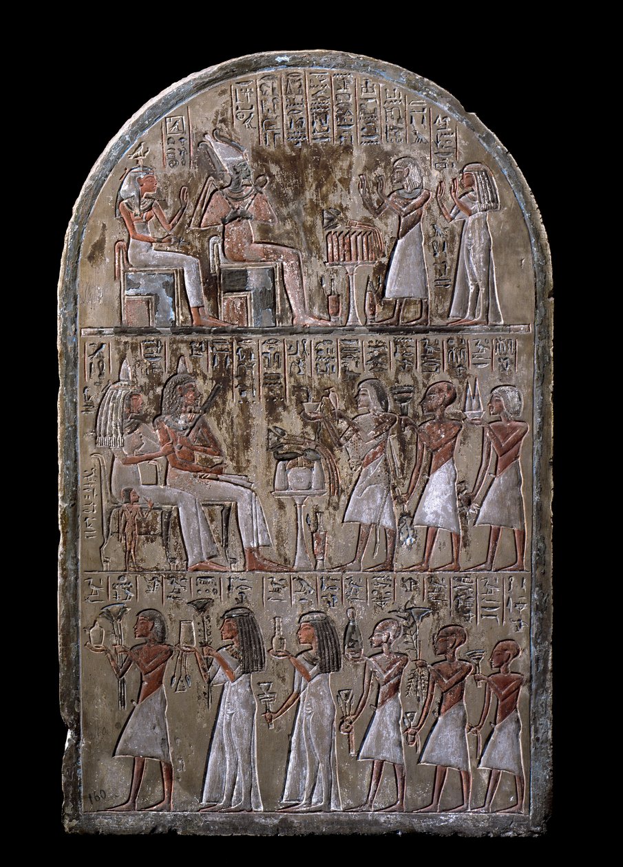 Antichità egizia: stele della coppia Maia, i defunti offrono doni agli dei. XVIII dinastia. Dalla Cappella di Maia, Deir el-Medina, Nuovo Impero. Torino, Museo Egizio da Egyptian 18th Dynasty